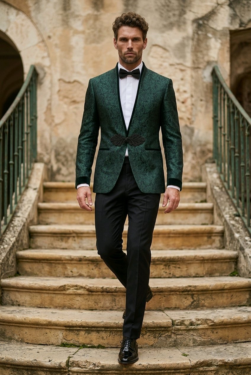 A man wearing a dark green textured patterned tuxedo jacket with black satin lapels, black trousers, a white shirt, and a black bow tie walks down stone stairs.