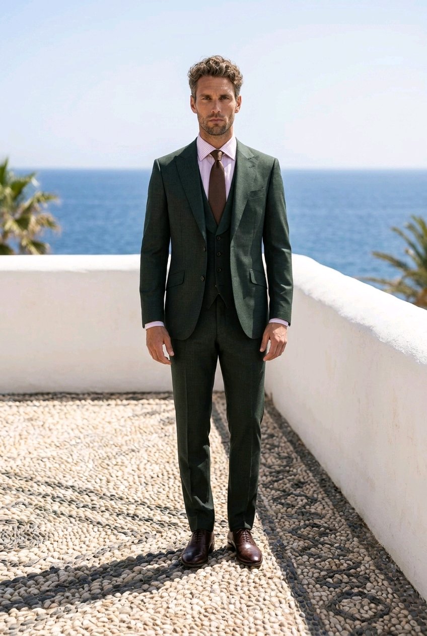 A man wearing a dark green three-piece suit, a light pink shirt, and a brown tie stands on a stone terrace with a white wall and the blue ocean in the background.