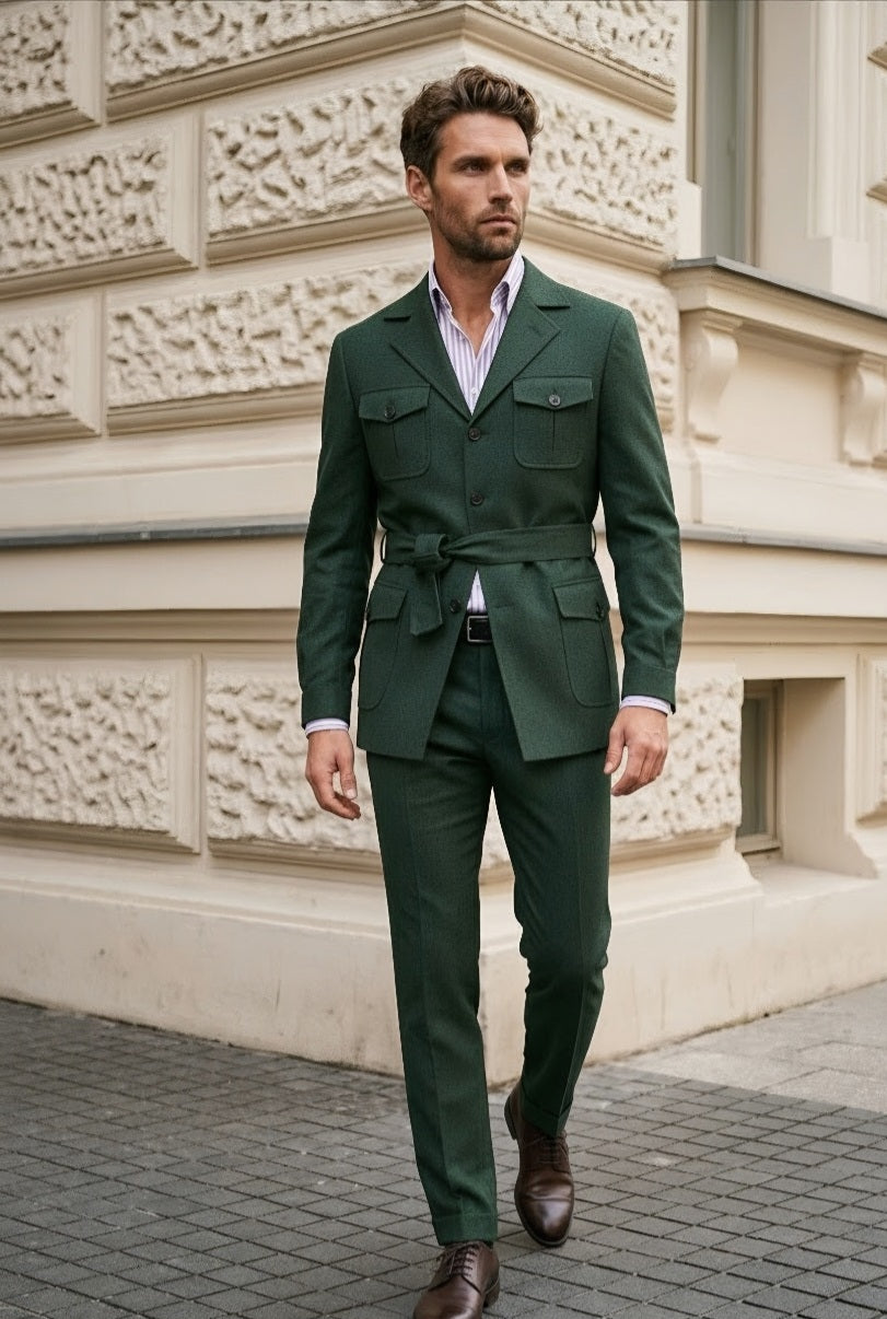 A man wearing a dark green two-piece suit with a matching belt jacket and trousers, styled with a white striped shirt and brown leather shoes, walking outdoors against a beige stone building.
