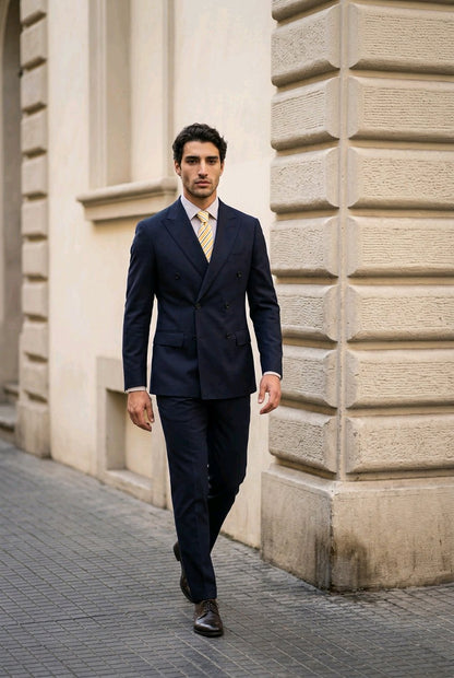 A man wearing a dark navy blue double-breasted suit, a white dress shirt, and a light yellow patterned tie walks along a paved street next to a beige stone building.