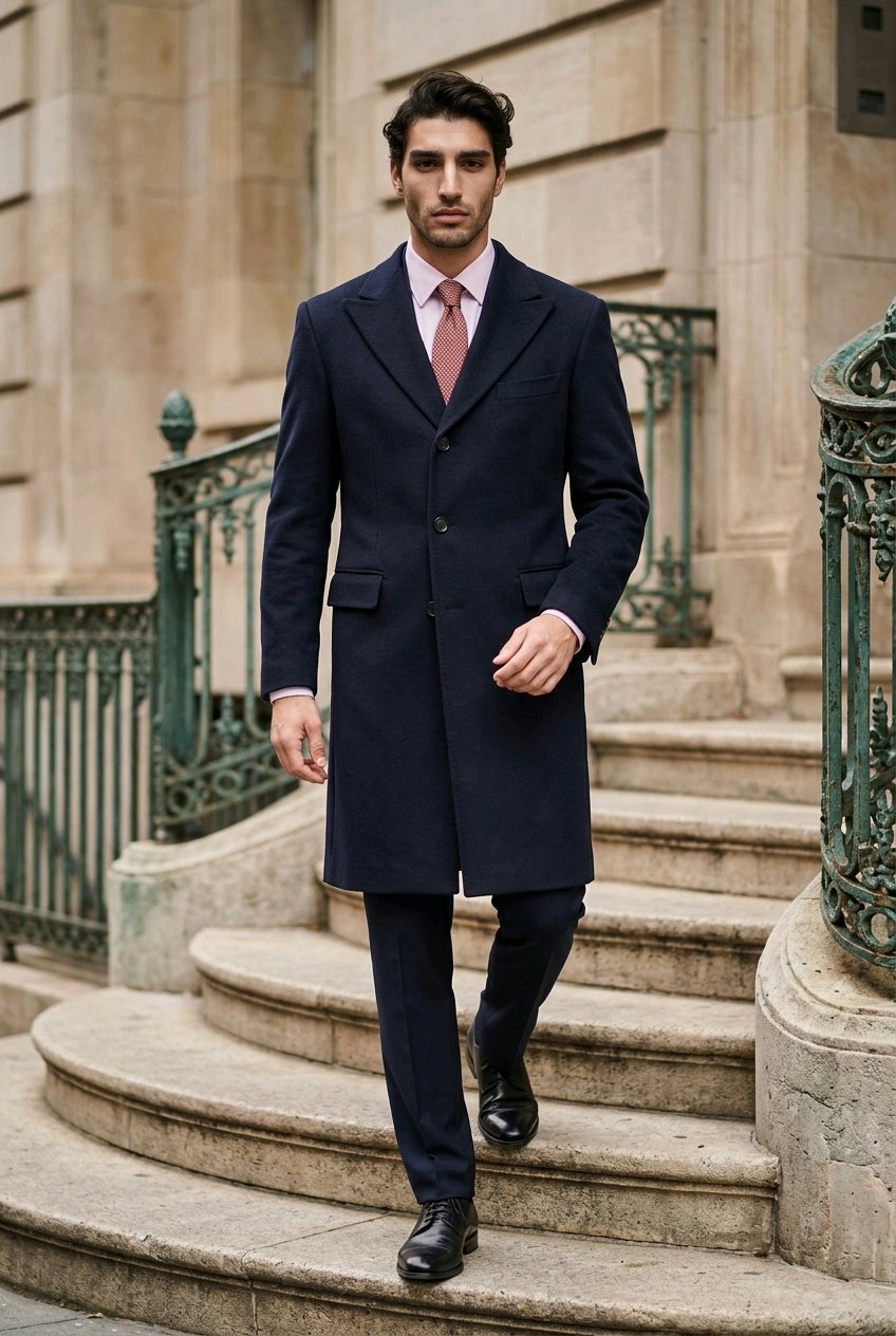 A man wearing a dark navy blue overcoat, matching trousers, a white dress shirt, and a pink tie walks down stone steps in front of a classical building.