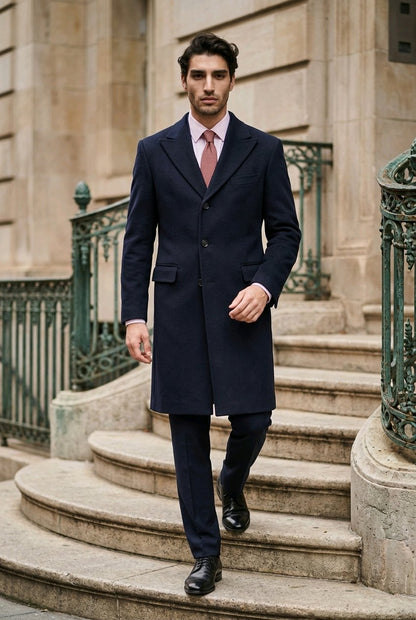 A man wearing a dark navy blue overcoat, matching trousers, a white dress shirt, and a pink tie walks down stone steps in front of a classical building.