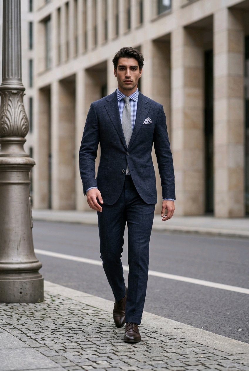 A man wearing a dark navy blue suit, light blue patterned dress shirt, and a white pocket square walks along a cobblestone street in front of a modern stone building.