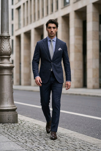 A man wearing a dark navy blue suit, light blue patterned dress shirt, and a white pocket square walks along a cobblestone street in front of a modern stone building.