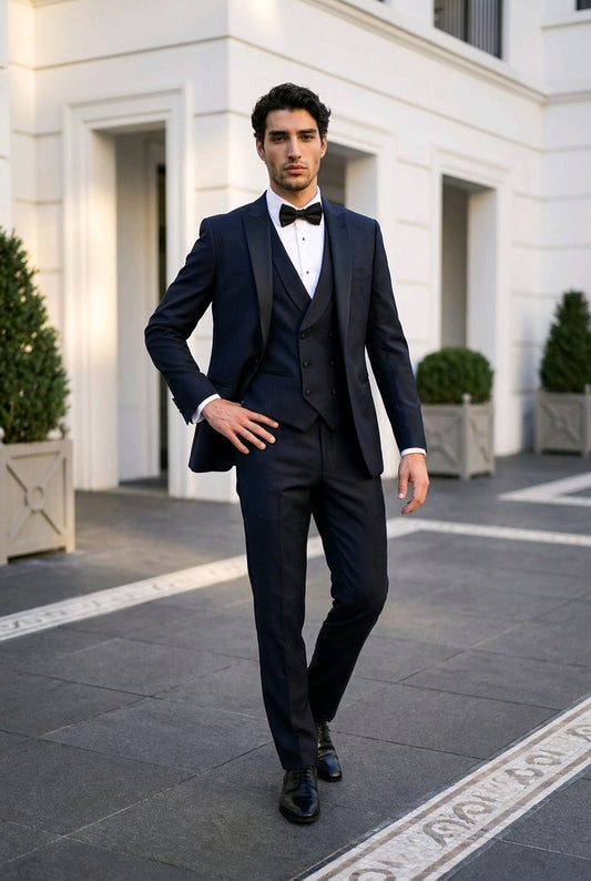 A man wearing a dark navy blue three-piece tuxedo with a white dress shirt, black bow tie, and black dress shoes, walking outdoors in front of a white building.