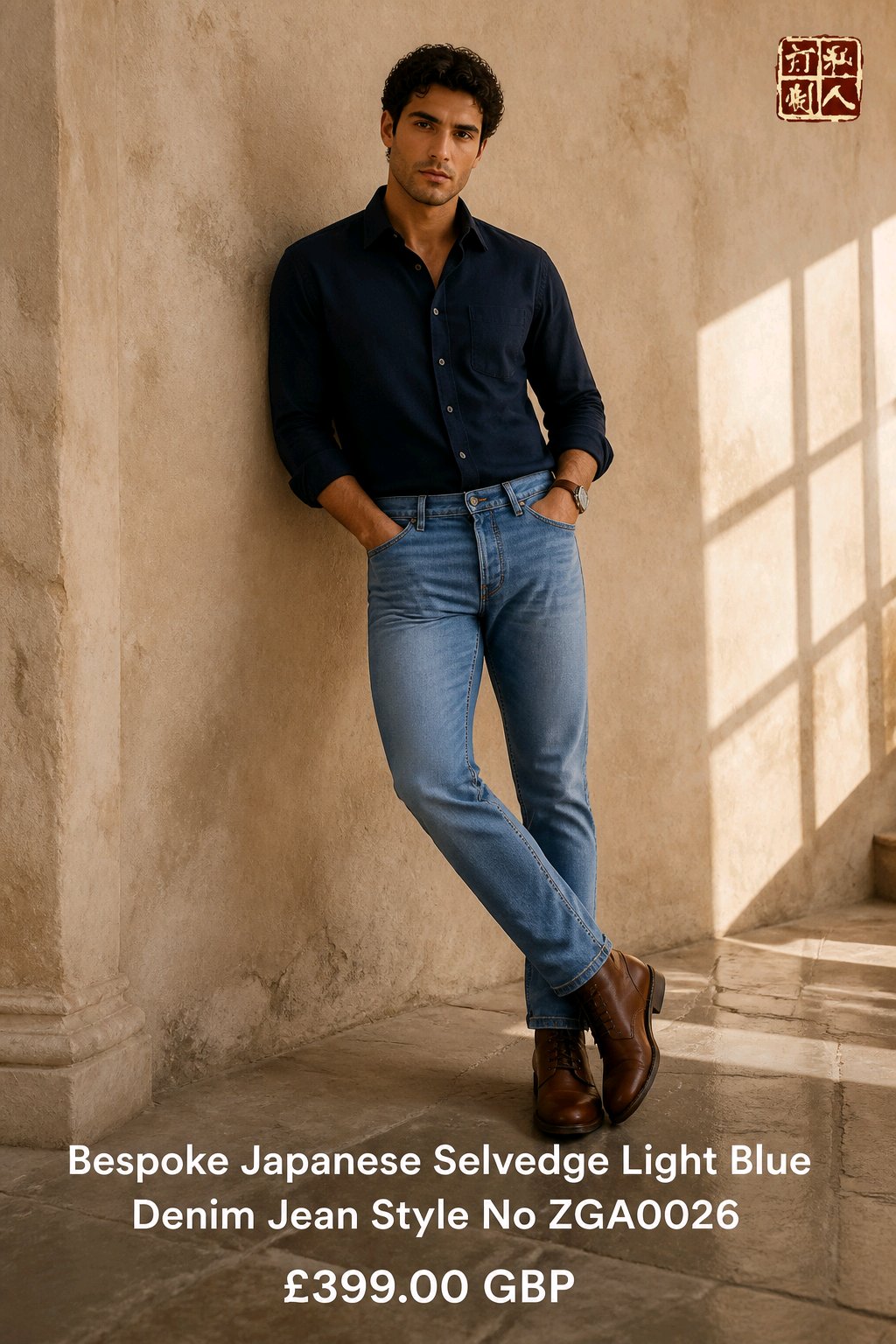 A man wearing a dark navy button-down shirt and light blue denim jeans leans against a textured beige wall in a sunlit interior. Text at the bottom reads 'Bespoke Japanese Selvedge Light Blue Denim Jean Style No ZGA0026 £399.