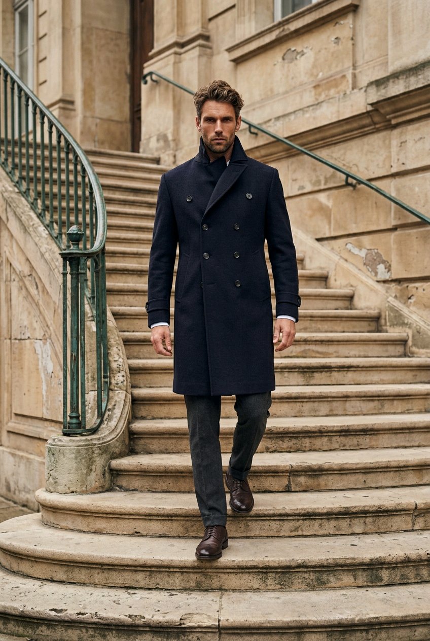 A man wearing a dark navy double-breasted overcoat, dark trousers, and brown leather shoes walks down a wide stone staircase in front of a historic beige building.