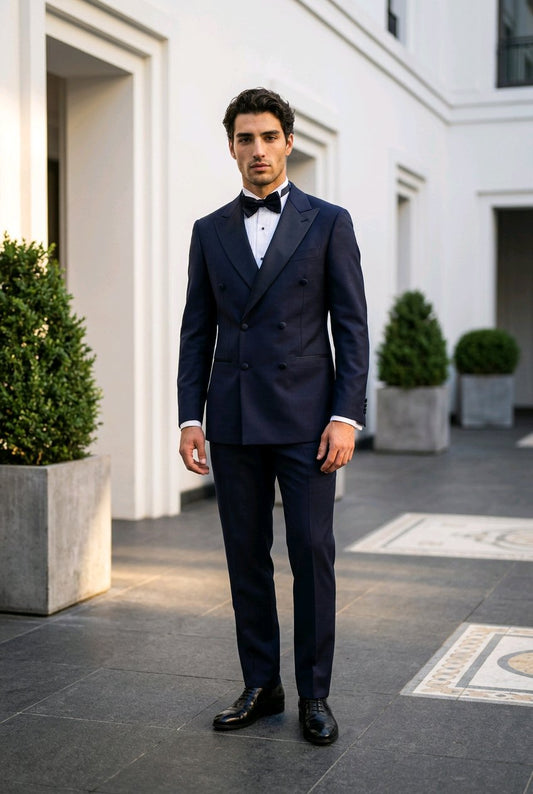 A man wearing a dark navy double-breasted tuxedo with a white shirt, black bow tie, and black dress shoes, standing in front of a white building with potted plants.