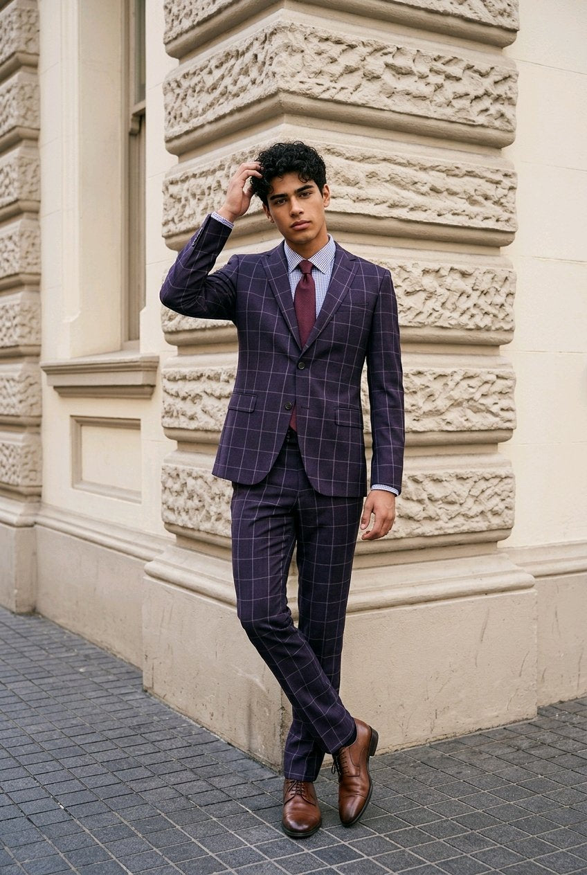 A man wearing a dark purple and navy blue windowpane plaid suit, a light blue dress shirt, and a burgundy tie, posing outdoors against a beige stone building.