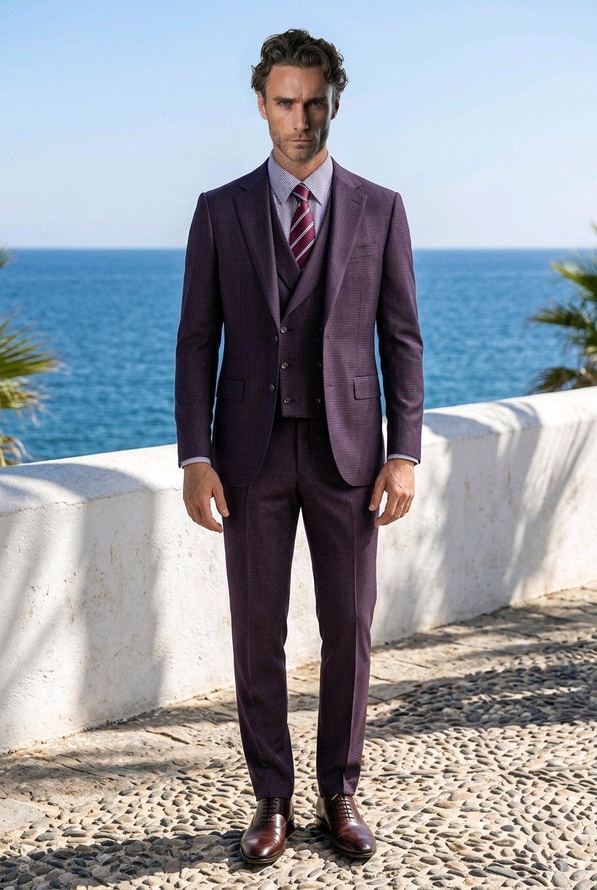 A man wearing a dark purple three-piece suit with a matching vest and tie, standing outdoors on a stone path with the blue ocean and sky behind him.
