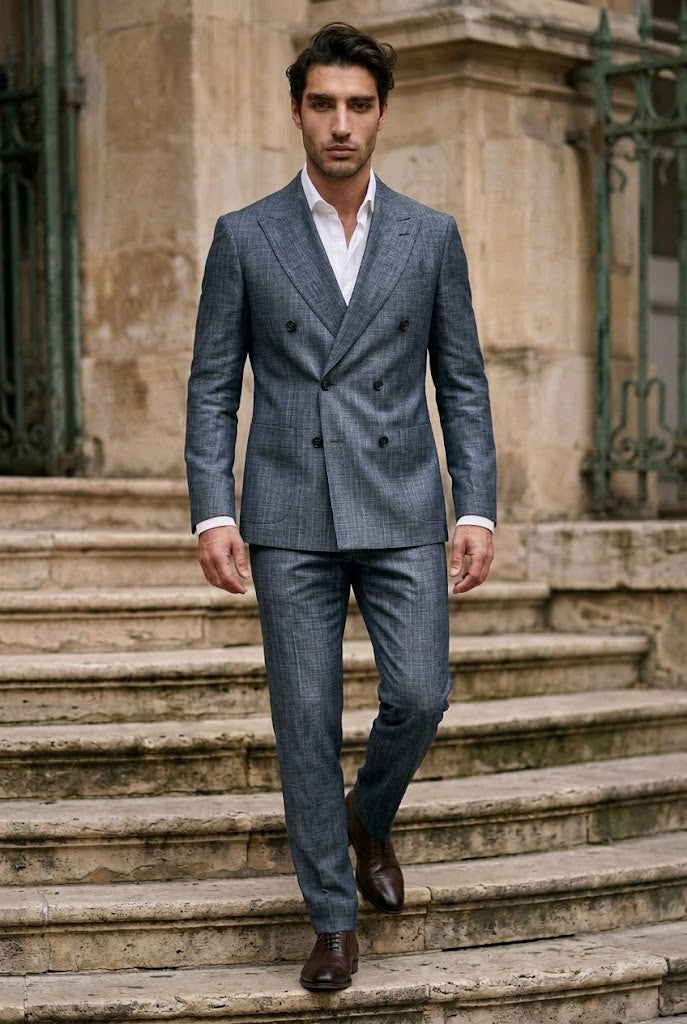 A man wearing a double-breasted gray plaid suit with a white shirt and brown leather shoes, walking down stone steps in front of a stone building.