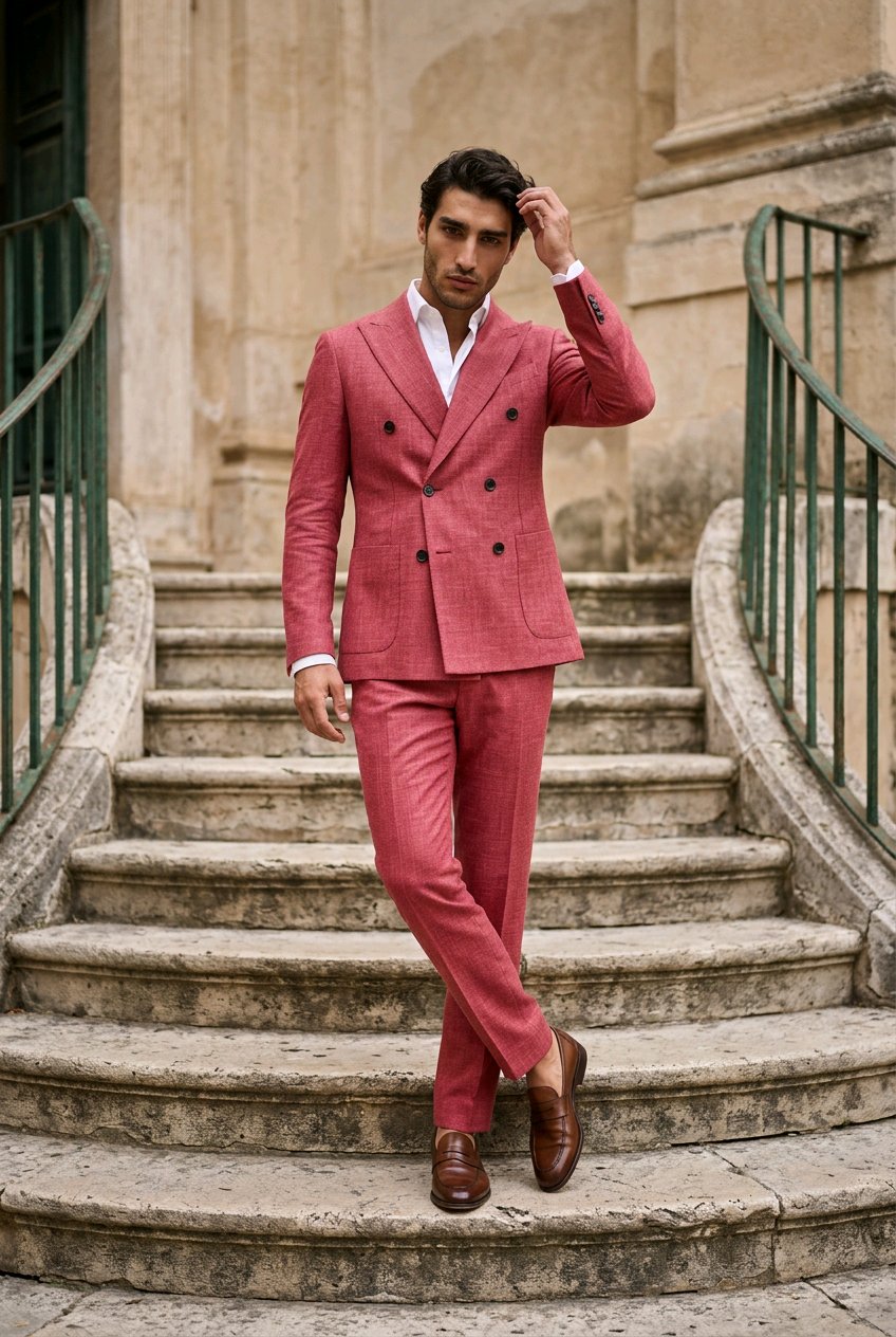 A man wearing a dusty rose pink double-breasted suit with a white shirt and brown leather shoes, posing on stone stairs in front of a classical building.