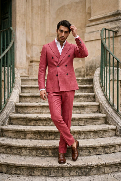 A man wearing a dusty rose pink double-breasted suit with a white shirt and brown leather shoes, posing on stone stairs in front of a classical building.