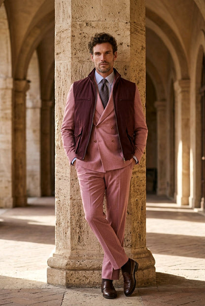 A man wearing a dusty rose pink three-piece suit with a dark burgundy vest, light blue shirt, and grey tie, standing in a stone colonnade.