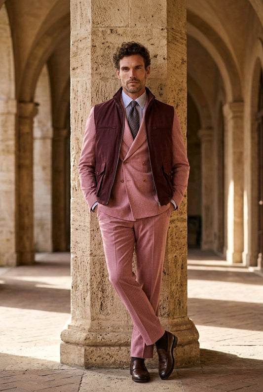 A man wearing a dusty rose pink three-piece suit with a dark burgundy vest, light blue shirt, and grey tie, standing in a stone colonnade.