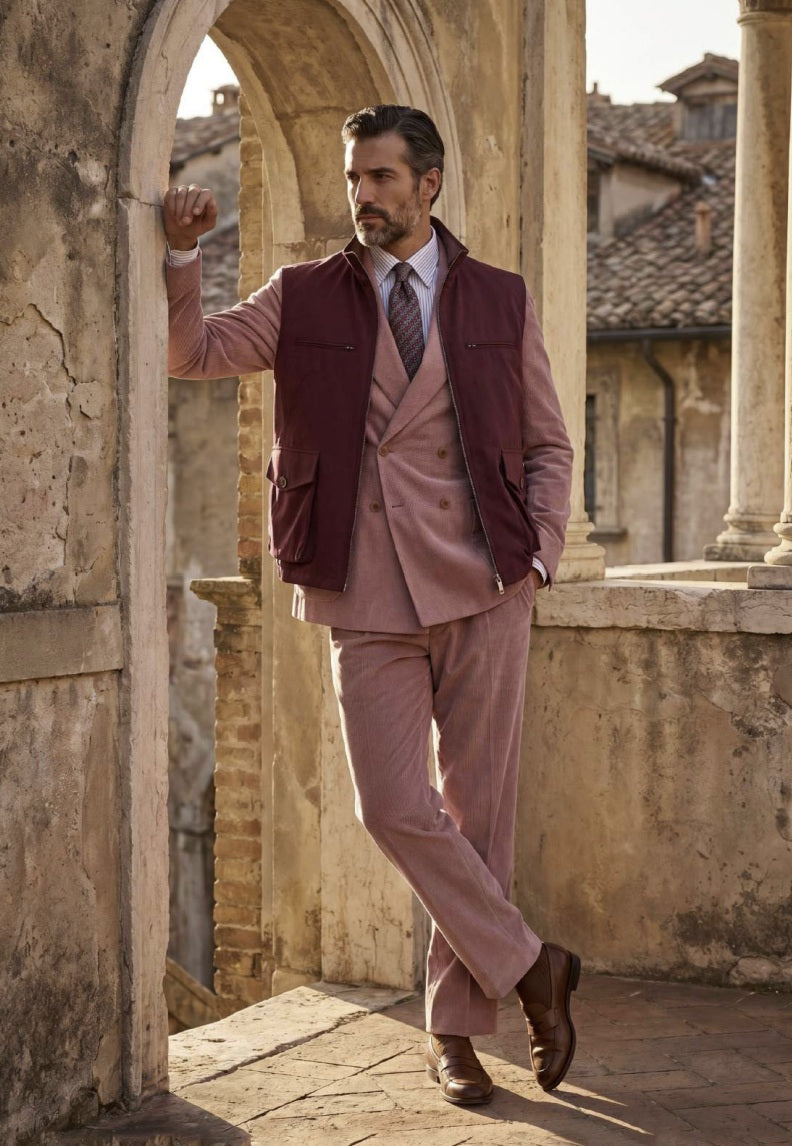 A man wearing a dusty rose pink three-piece suit with a dark burgundy vest, white shirt, and striped tie, posing in an outdoor stone archway setting.