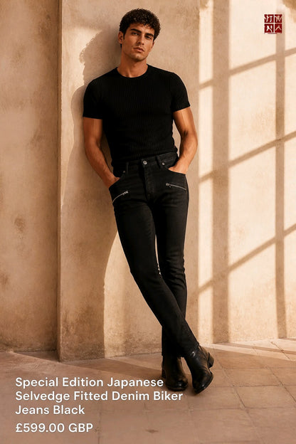 A man wearing a fitted black t-shirt and black slim-fit denim biker jeans leans against a textured beige stone wall with warm window shadows. The image includes promotional text at the bottom left and a 'UTK NY' brand logo in the top right corner.