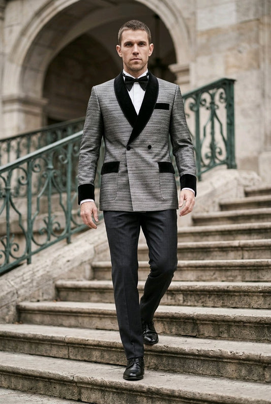A man wearing a gray and black checkered double-breasted tuxedo jacket with black velvet shawl lapels and trim, a white shirt, and a black bow tie walks down stone stairs.