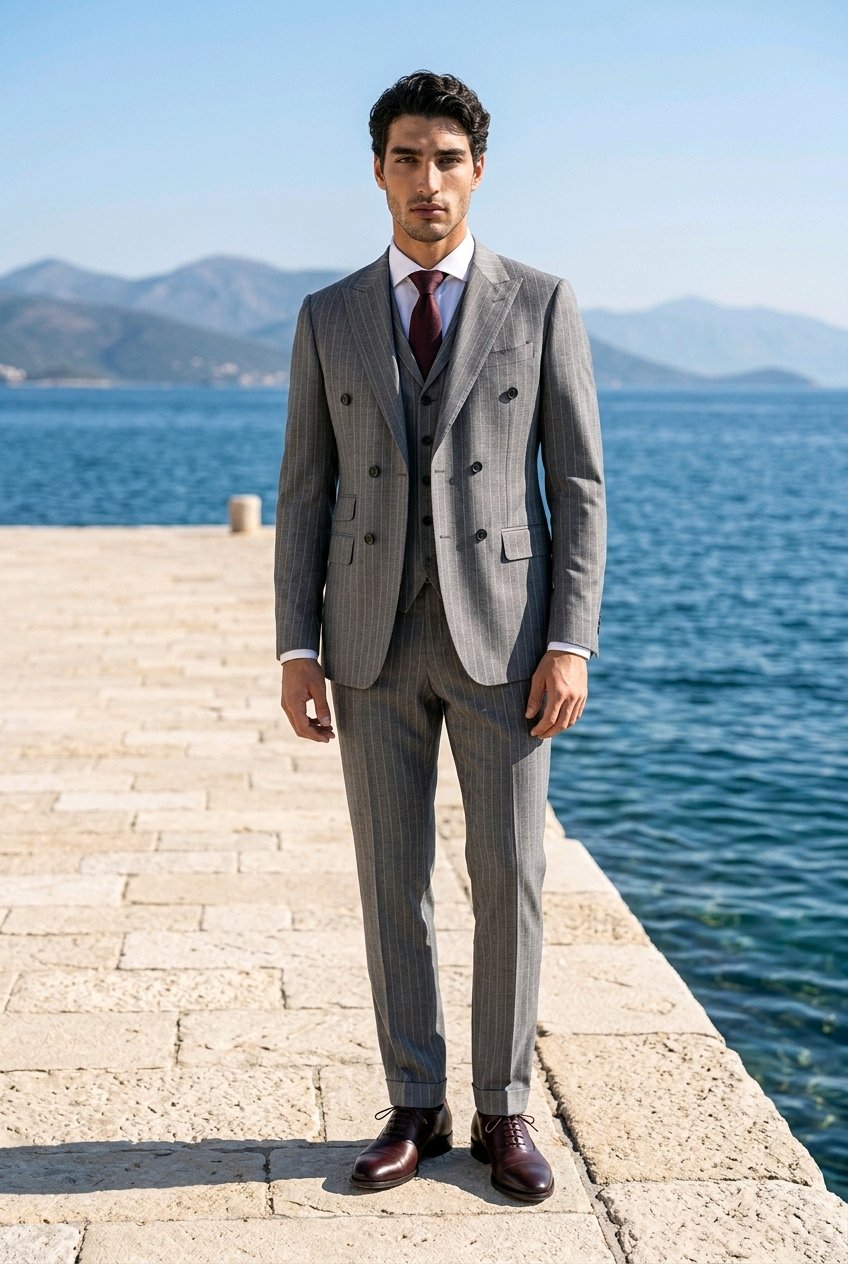 A man wearing a gray double-breasted pinstripe suit with a white shirt and a dark red tie, standing on a stone pier with the sea and mountains in the background.