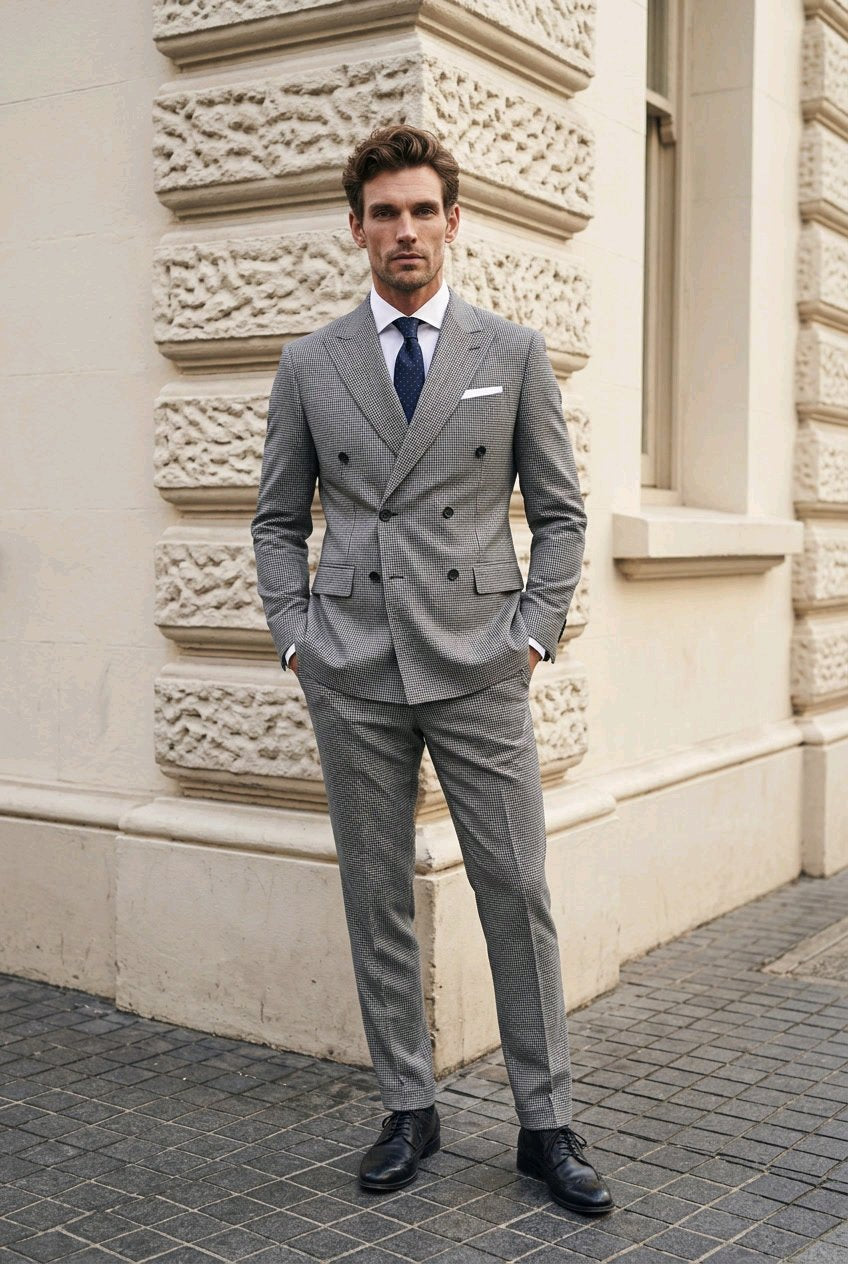 A man wearing a gray double-breasted suit, white dress shirt, and navy blue tie, standing outdoors against a beige stone building corner.