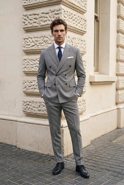 A man wearing a gray double-breasted suit, white dress shirt, and navy blue tie, standing outdoors against a beige stone building corner.