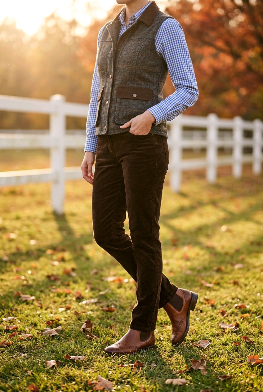 A man wearing a gray herringbone vest over a blue and white check shirt, dark brown corduroy trousers, and brown leather boots, standing on a grassy lawn with fallen leaves in front of a white fence during golden hour.