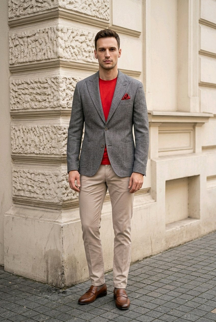 A man wearing a gray textured blazer over a red t-shirt, beige trousers, and brown leather shoes, standing outdoors against a beige stone building.