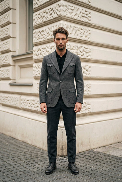 A man wearing a gray textured blazer with flap pockets, black trousers, and black leather shoes, standing on a paved street in front of a cream-colored stone building.