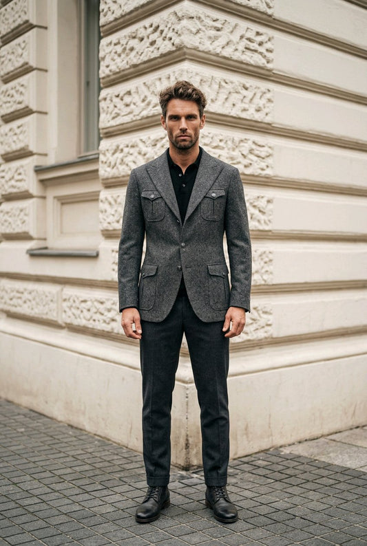 A man wearing a gray textured blazer with flap pockets, black trousers, and black leather shoes, standing on a paved street in front of a cream-colored stone building.