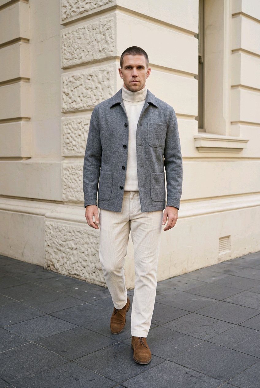 A man wearing a gray textured button-up overshirt, cream turtleneck, cream trousers, and brown suede shoes, walking on a paved street in front of a beige stone building.