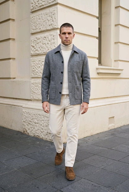A man wearing a gray textured button-up overshirt, cream turtleneck, cream trousers, and brown suede shoes, walking on a paved street in front of a beige stone building.