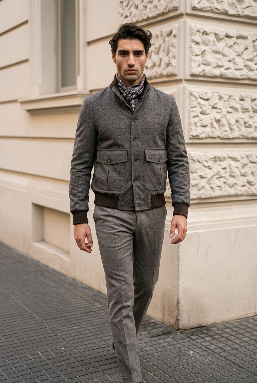 A man wearing a gray textured jacket and matching gray trousers, standing on a paved street in front of a beige stone building.