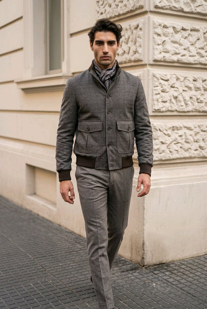 A man wearing a gray textured jacket and matching gray trousers, standing on a paved street in front of a beige stone building.