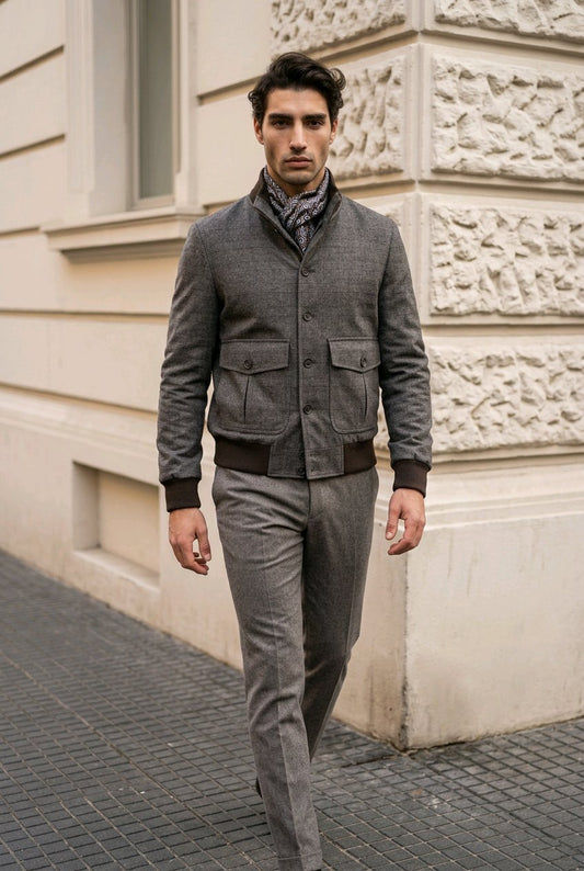 A man wearing a gray textured jacket and matching gray trousers, standing on a paved street in front of a beige stone building.