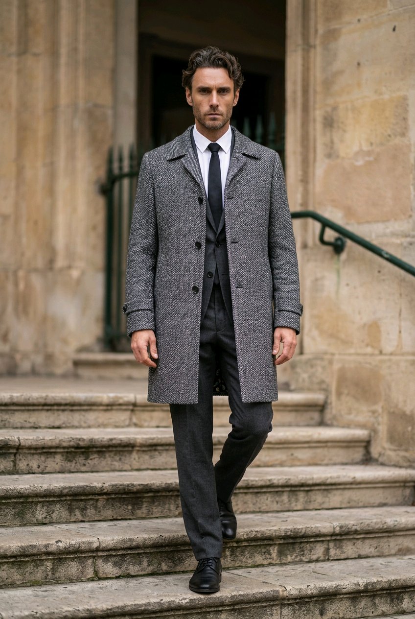 A man wearing a gray textured overcoat, dark suit, white shirt, and black tie walks down stone steps in front of a classical building.
