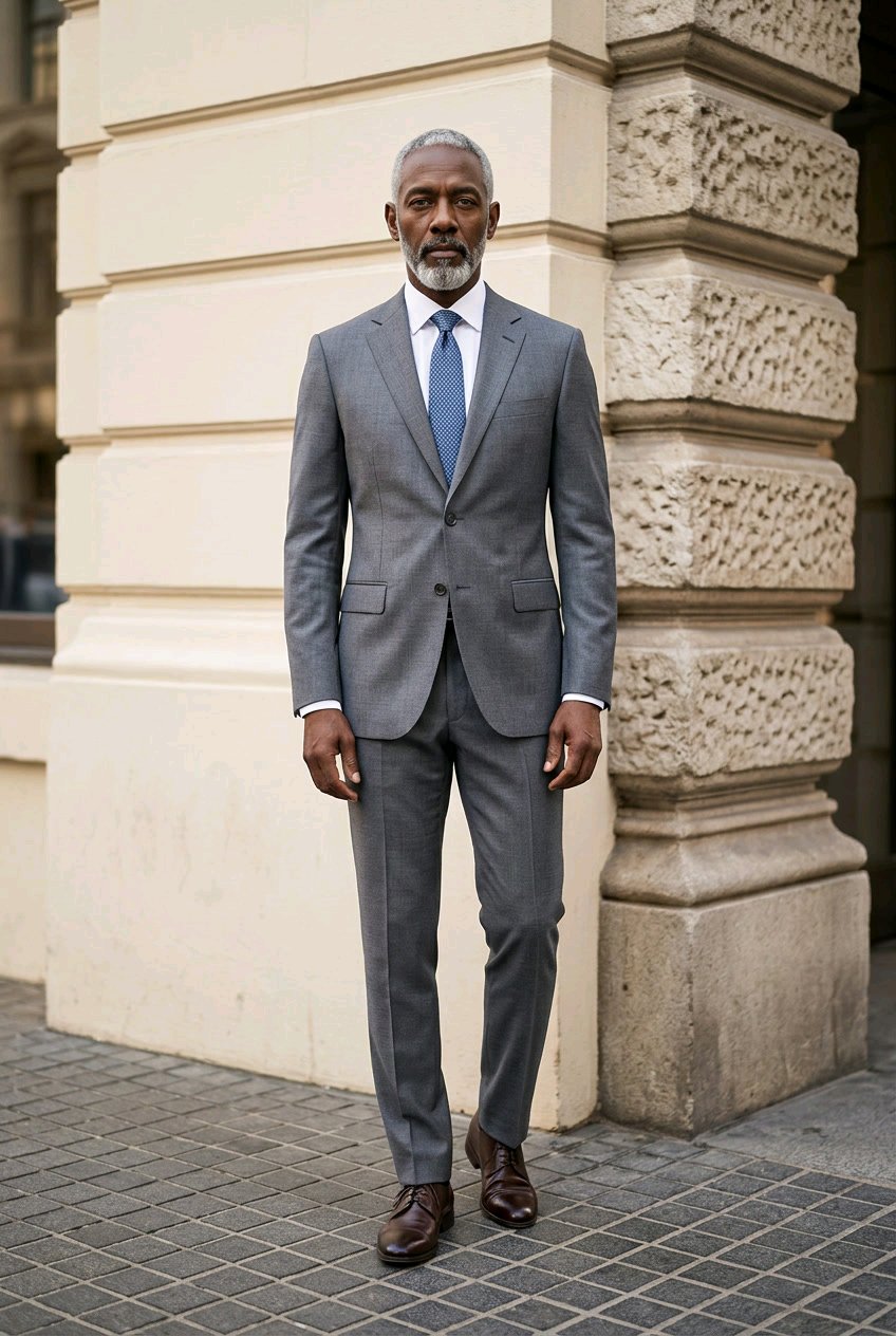 A man wearing a gray two-piece suit, light blue dress shirt, and blue tie stands outdoors against a beige stone building column.