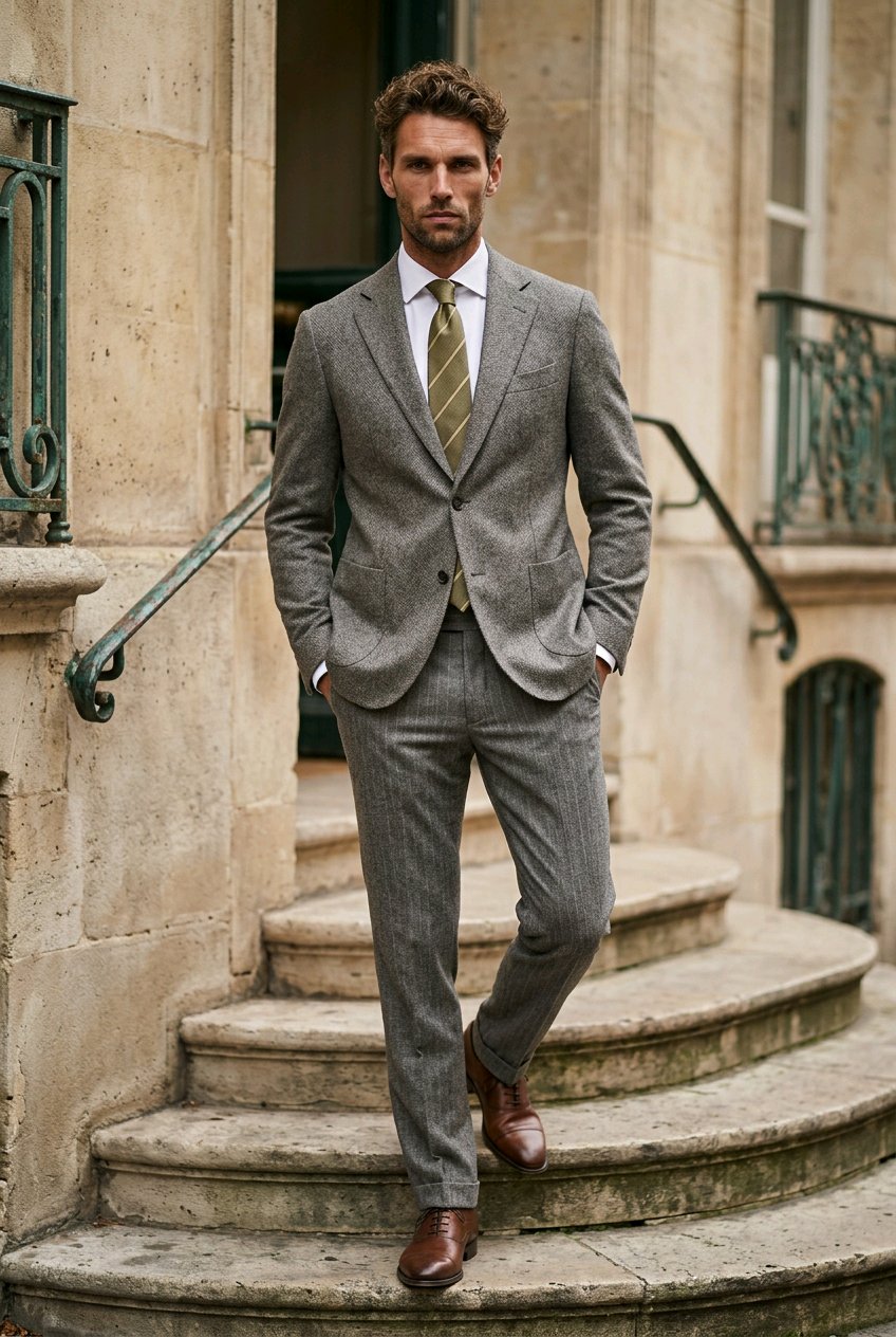 A man wearing a gray two-piece suit, white dress shirt, and a green striped tie stands on stone steps in front of a beige building.