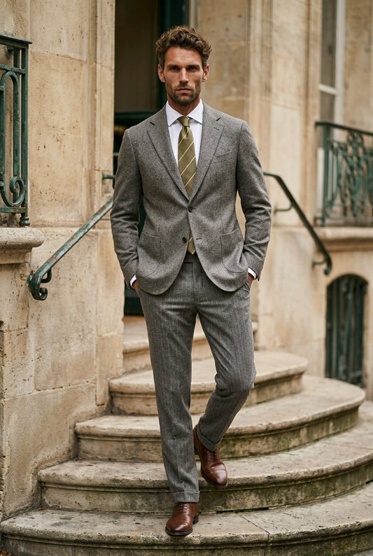 A man wearing a gray two-piece suit, white dress shirt, and a green striped tie stands on stone steps in front of a beige building.
