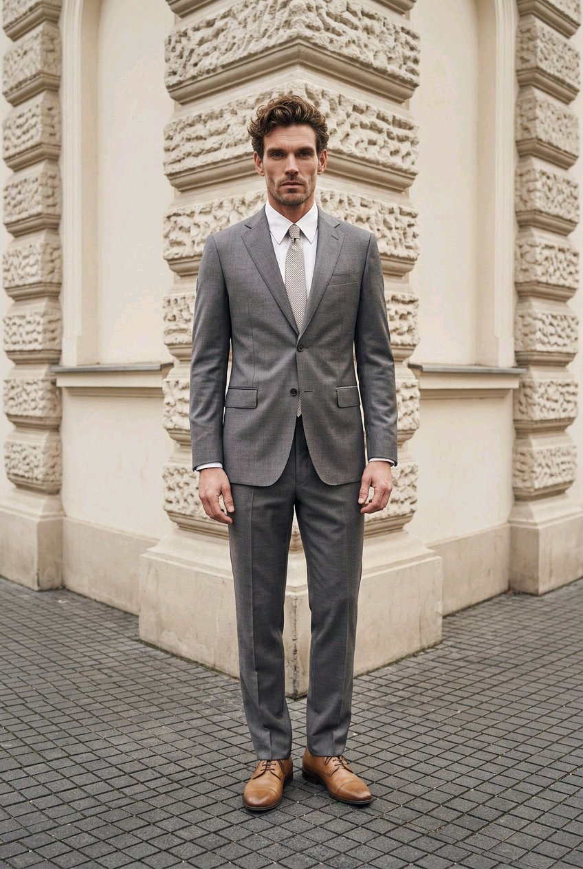 A man wearing a gray two-piece suit, white dress shirt, and light gray tie stands on a paved street in front of a classical stone building.