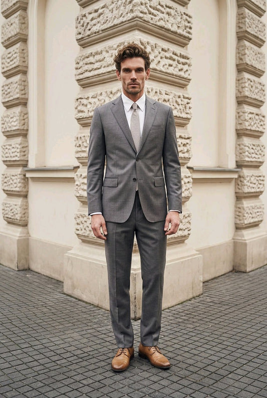 A man wearing a gray two-piece suit, white dress shirt, and light gray tie stands on a paved street in front of a classical stone building.