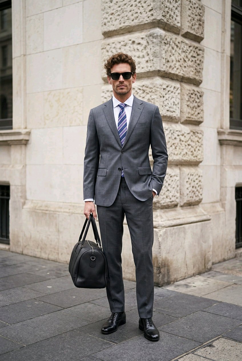 A man wearing a gray two-piece suit, white dress shirt, blue and white striped tie, and black sunglasses stands on a city sidewalk holding a black duffel bag. The background shows a light-colored stone building corner.