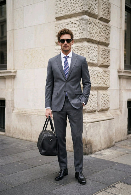 A man wearing a gray two-piece suit, white dress shirt, blue and white striped tie, and black sunglasses stands on a city sidewalk holding a black duffel bag. The background shows a light-colored stone building corner.