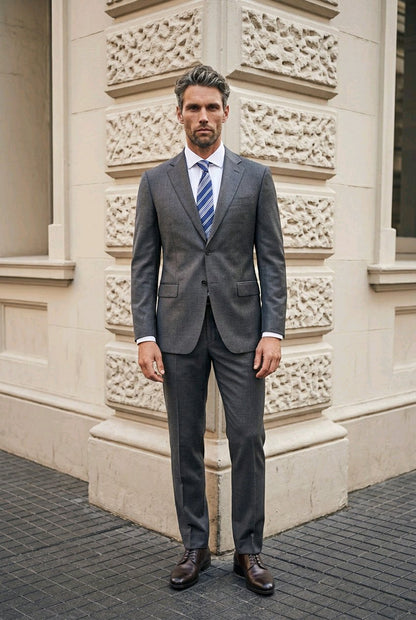 A man wearing a gray two-piece suit, white dress shirt, blue and white striped tie, and brown leather dress shoes, standing outdoors in front of a beige stone building corner.