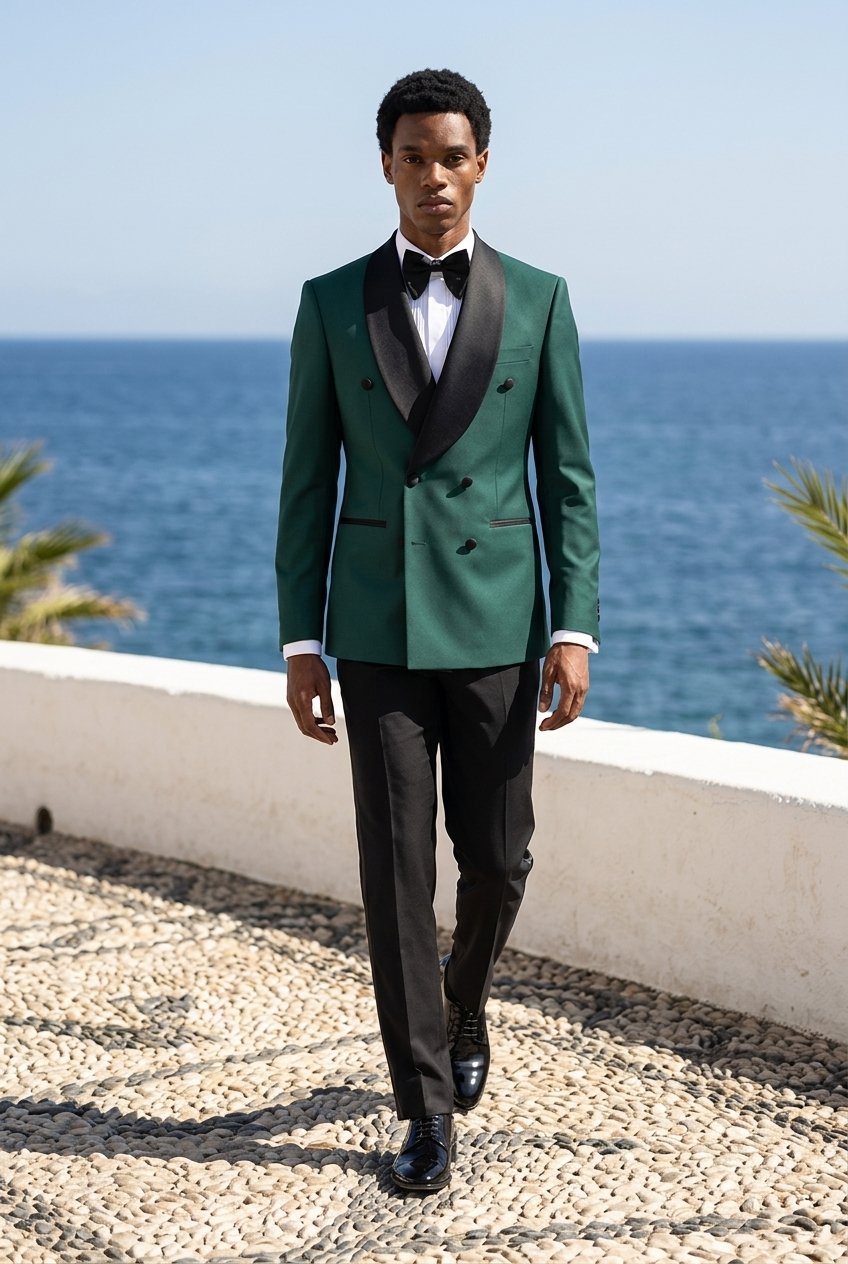 A man wearing a green double-breasted tuxedo jacket with black satin lapels, black trousers, and a black bow tie walks along a pebble path with the ocean and sky in the background.