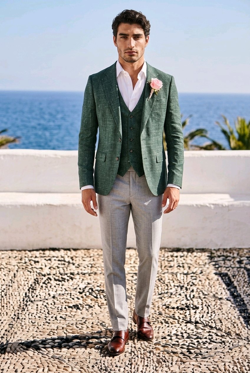 A man wearing a green textured blazer and matching vest over a white shirt, paired with light gray trousers and brown dress shoes, standing outdoors with the ocean and white wall in the background.