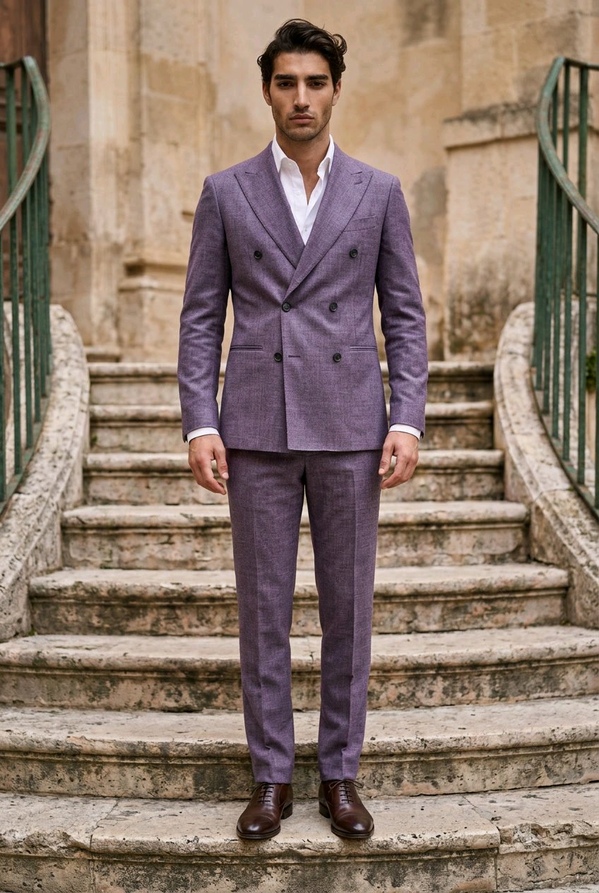 A man wearing a lavender-purple double-breasted suit with a white shirt and brown leather shoes, standing on stone stairs in front of a historic building.