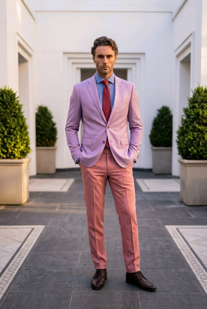 A man wearing a lavender blazer and matching pinkish trousers, styled with a blue shirt and red tie, standing in a modern outdoor courtyard.