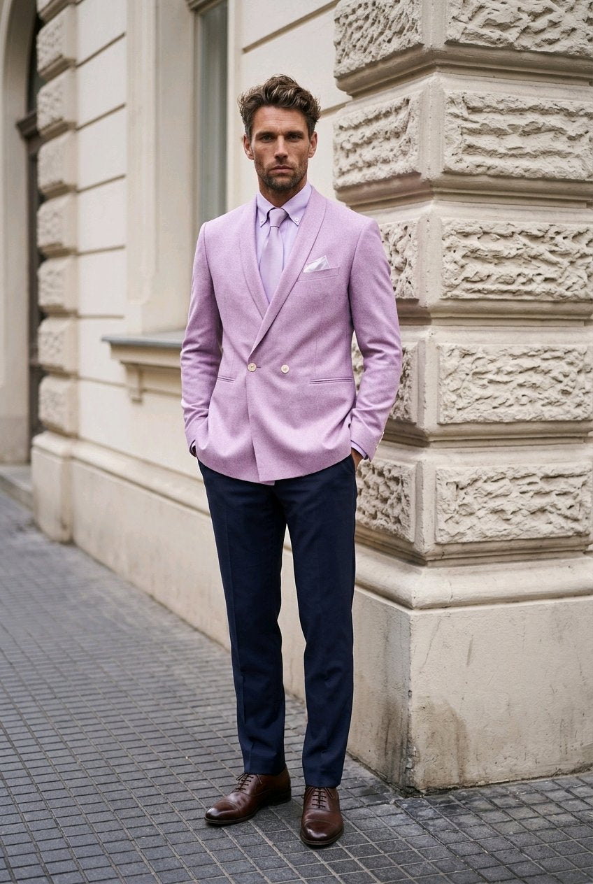 A man wearing a lavender double-breasted blazer, navy trousers, a light purple tie, and brown leather shoes, standing on a cobblestone street next to a textured stone building.