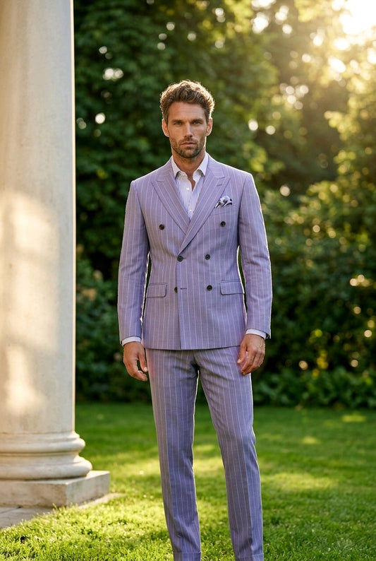 A man wearing a lavender double-breasted pinstripe suit with a white shirt, standing outdoors in a garden next to a white stone column.