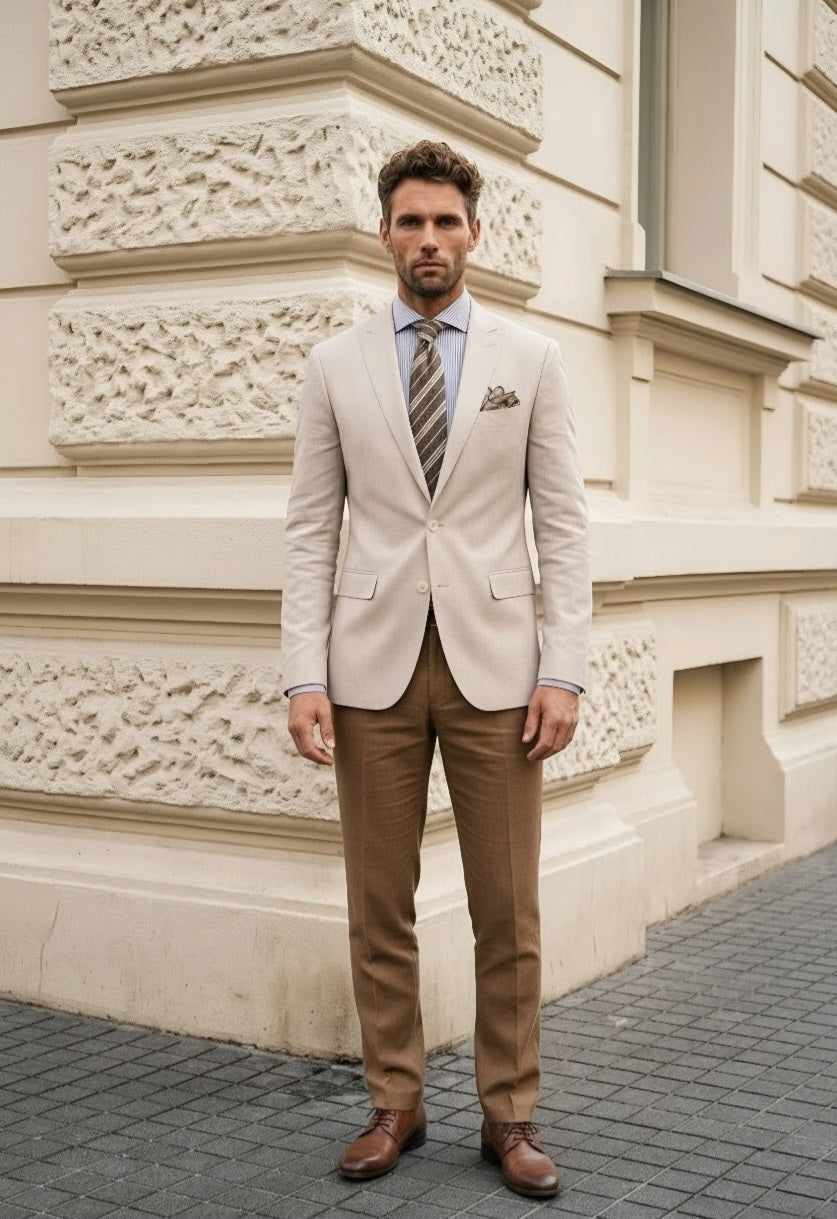 A man wearing a light beige blazer, brown trousers, a blue shirt, and a striped tie stands in front of a cream-colored stone building.